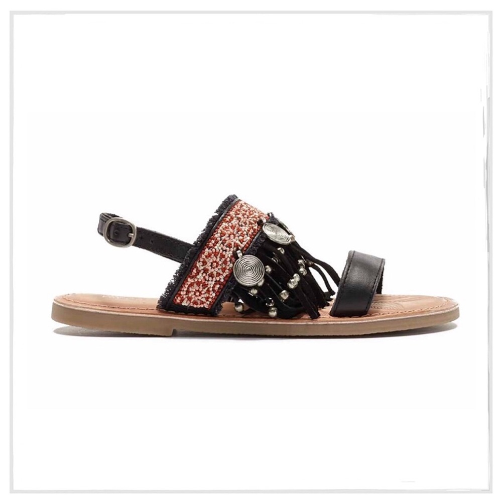 Black Leather Fringe Sling Back Boho Sandals - Picture 4 of 5